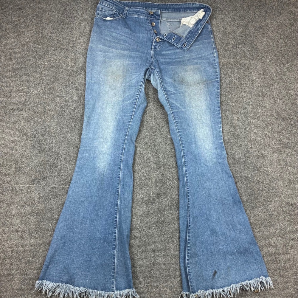 Bell Bottom Flare Jean Medium Wash Distressed Raw Hem Button Fly Womens XL 34x32